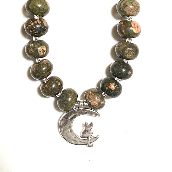 Unakite Stone Silver Cat on the Moon Necklace, Genuine Gemstone Beaded Necklace - Picture 4 of 9